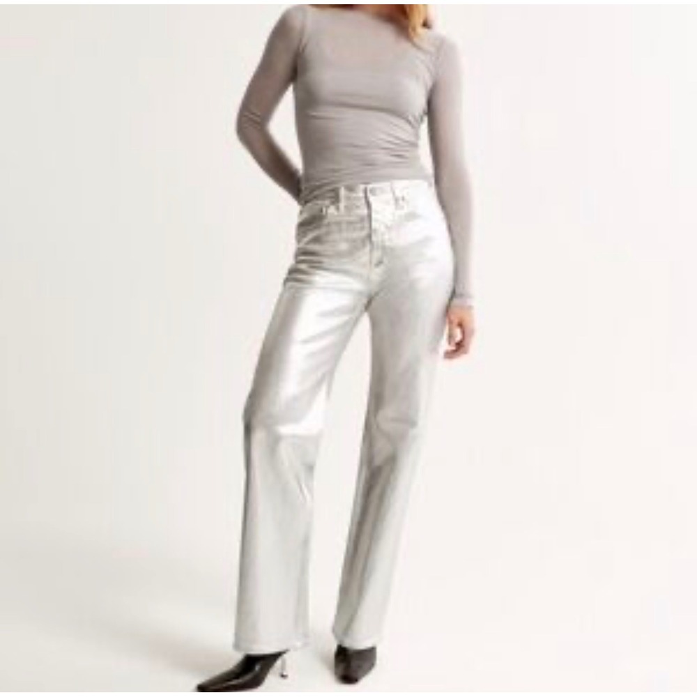 Abercrombie & Fitch Metallic Silver 90s High Rise Straight Leg Coated jeans 14R